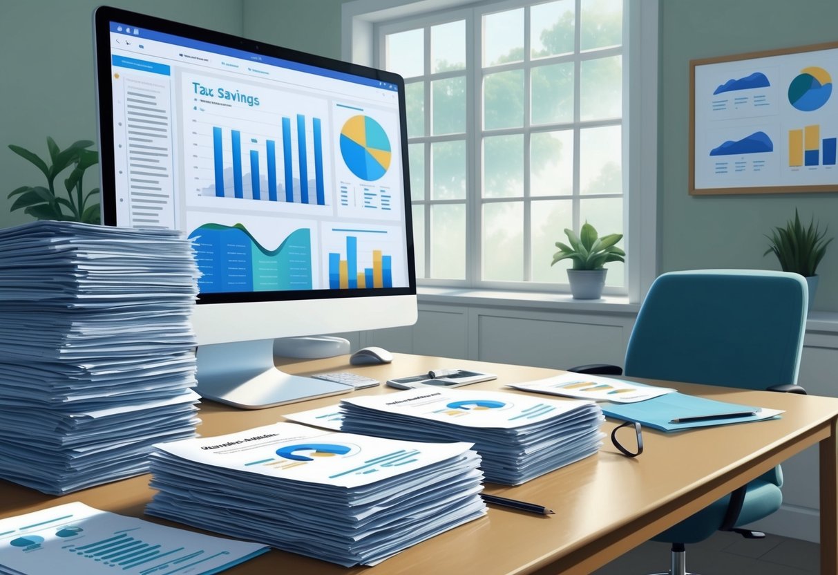A serene office space with a stack of financial documents and charts on a desk, a computer screen displaying tax-saving strategies, and a calm atmosphere