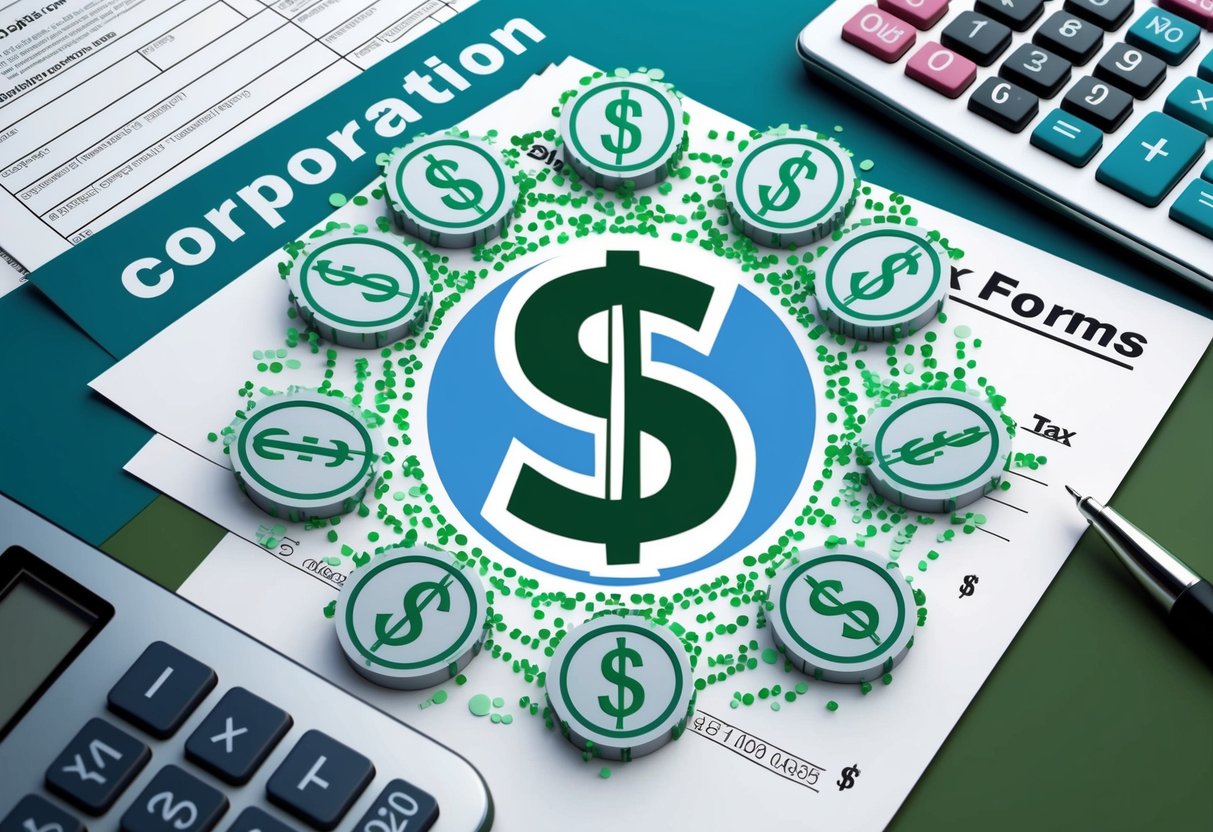 An S corporation logo surrounded by dollar signs, with a calculator and tax forms in the background