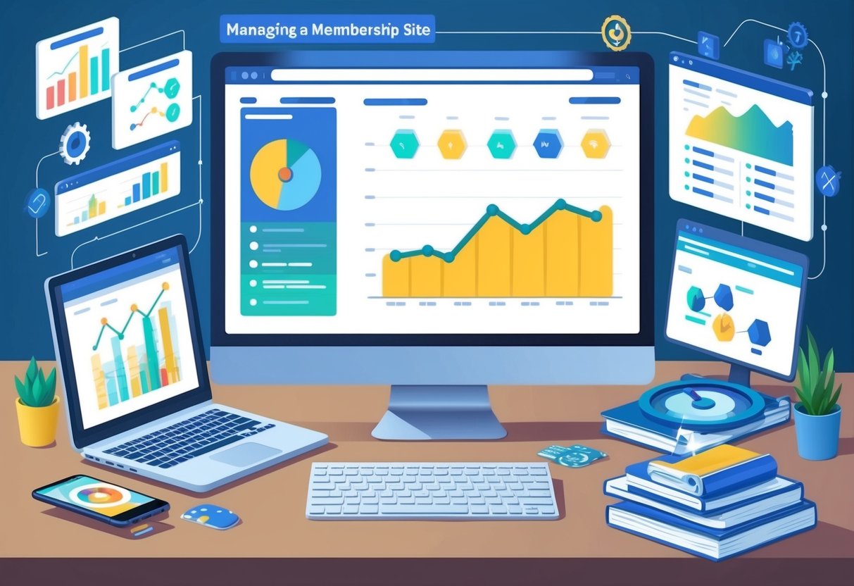 A computer screen displaying a dashboard with graphs and charts, surrounded by automated tools and software for managing and growing a membership site