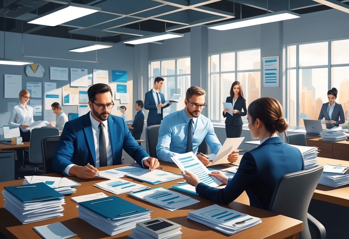 A bustling office with employees managing financial documents and discussing tax strategies for passive businesses