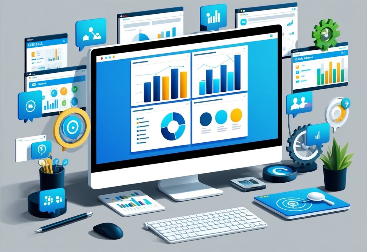 A computer screen displaying a dashboard with charts and graphs, surrounded by various digital marketing and communication tools