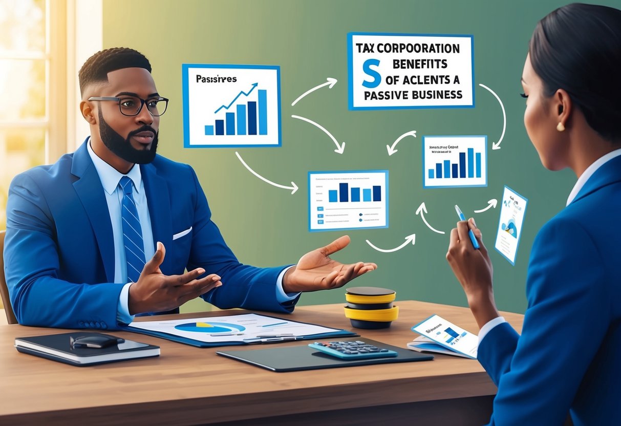A tax advisor explaining S Corporation benefits to a client with a passive business, using visual aids and charts to illustrate potential tax savings