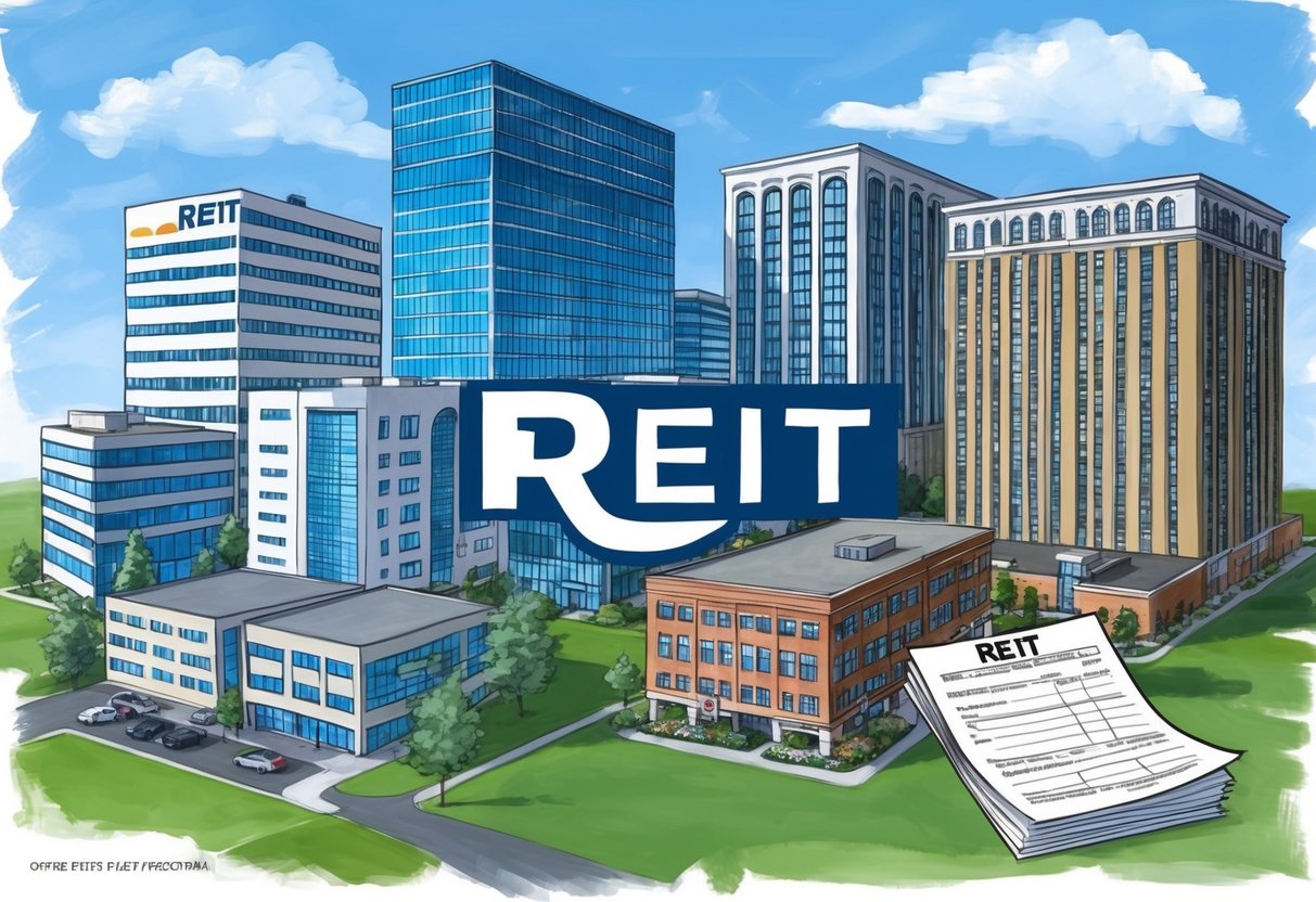 A group of diverse properties, including office buildings, shopping centers, and apartment complexes, with a prominent "REIT" logo and a stack of tax forms nearby