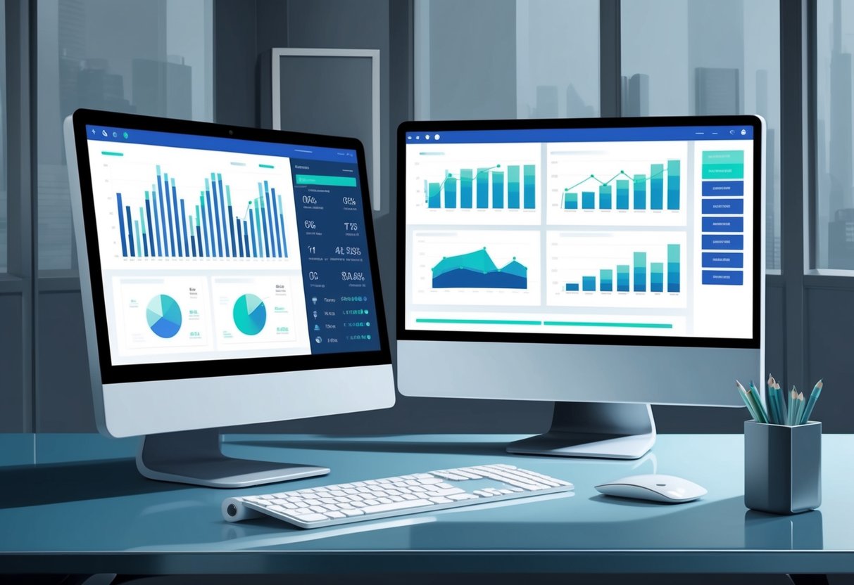 A sleek, modern office desk with a computer screen displaying graphs and financial data. A digital dashboard shows automated membership site management