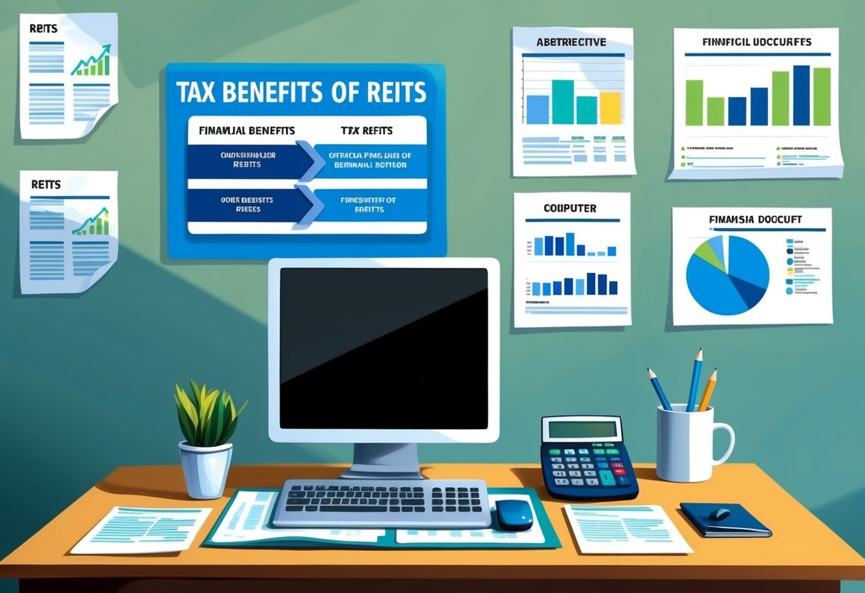 An office desk with a computer, calculator, and financial documents. A chart showing tax benefits of REITs on the wall