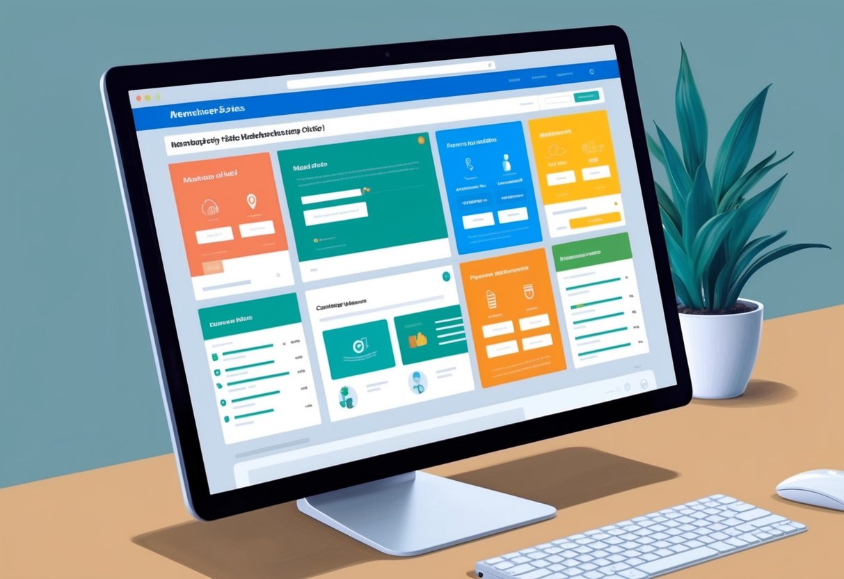 A computer screen displaying a sleek and modern membership site dashboard, with various exclusive offers and content being automatically managed for recurring revenue