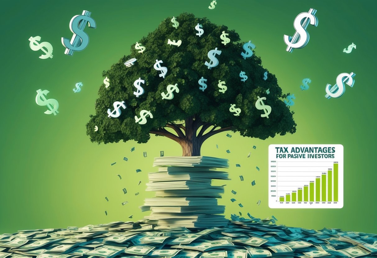 A stack of money grows from a growing tree, with dollar signs floating around it. A chart shows tax advantages for passive investors
