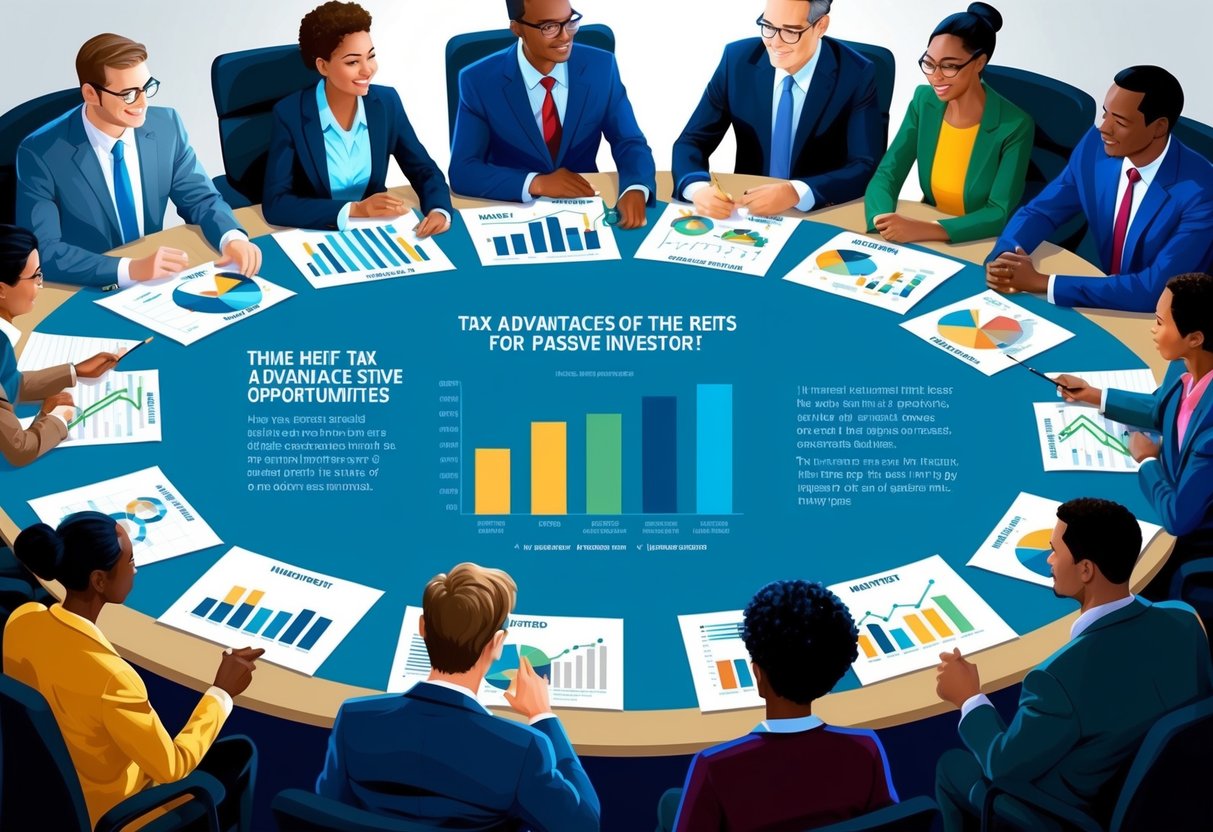 A group of diverse individuals sit around a table, discussing investment opportunities. Charts and graphs are spread out in front of them, showcasing the tax advantages of REITs for passive investors