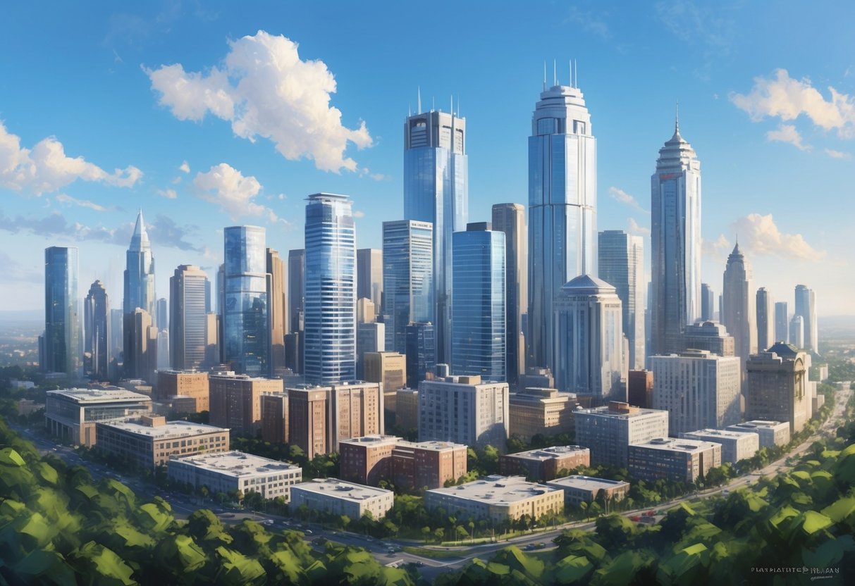 A bustling city skyline with a variety of buildings, including office towers and apartment complexes, surrounded by greenery and a clear blue sky