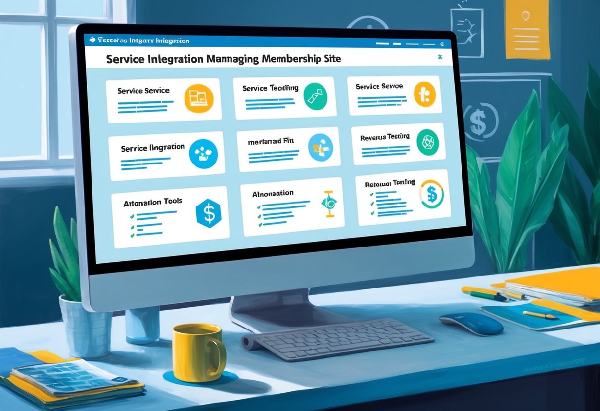 A computer screen displaying various service integration options for managing a membership site, with automation tools and revenue tracking features
