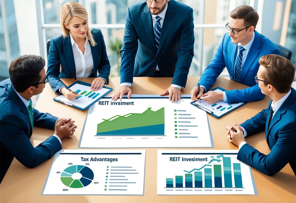 A group of professionals discussing tax advantages, with charts and graphs showing REIT investment benefits