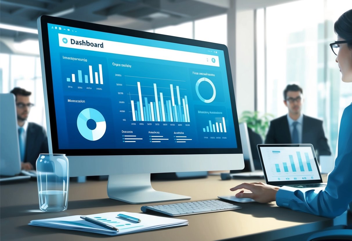 A computer screen displaying a dashboard with graphs and charts, surrounded by a modern office setting with a focus on technology and automation