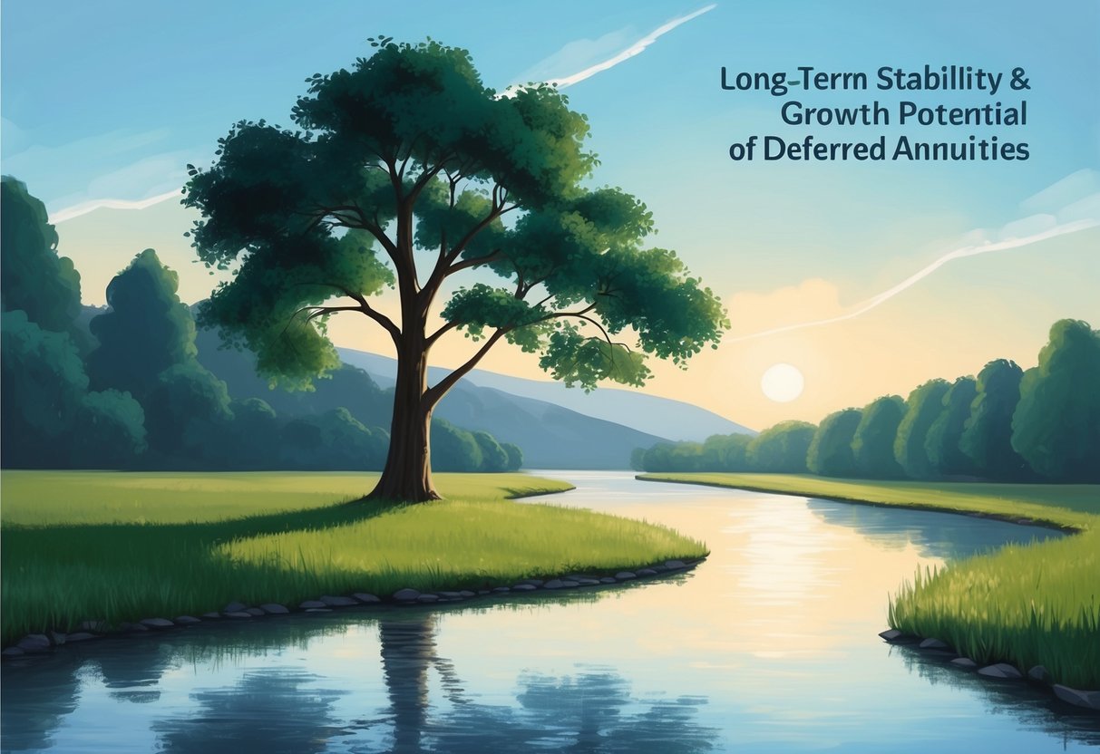 A peaceful landscape with a tree casting a shadow over a calm river, symbolizing the long-term stability and growth potential of deferred annuities