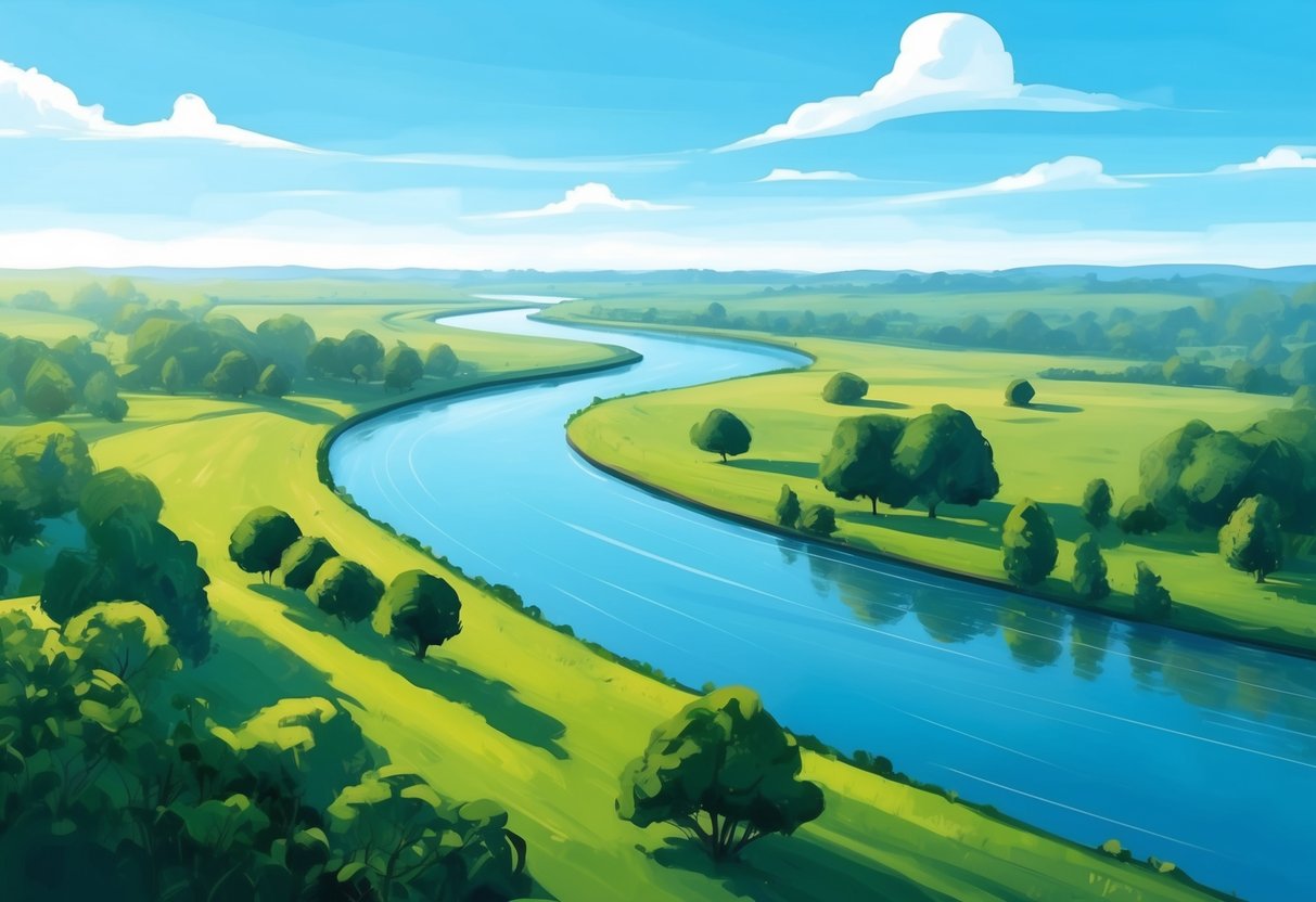 A serene landscape with a winding river, lush greenery, and a clear blue sky, conveying the concept of financial stability and long-term investment