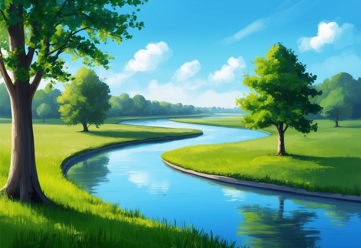 A serene landscape with a winding river, lush green trees, and a clear blue sky, evoking a sense of calm and financial security