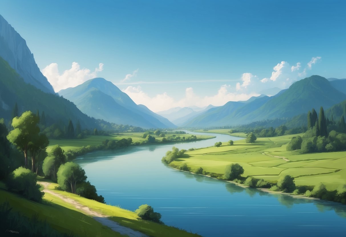 A serene landscape with a calm river flowing through a lush green valley, surrounded by tall mountains and a clear blue sky