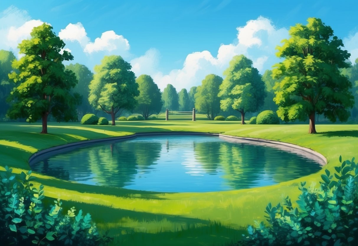 A serene park with a tranquil pond surrounded by lush greenery and a clear blue sky, symbolizing financial stability and long-term passive income