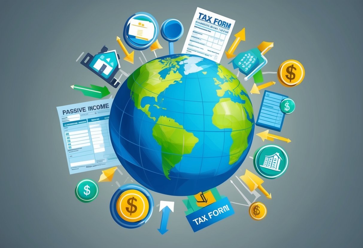 A globe surrounded by various sources of passive income, such as real estate, stocks, and royalties, with arrows pointing towards a tax form