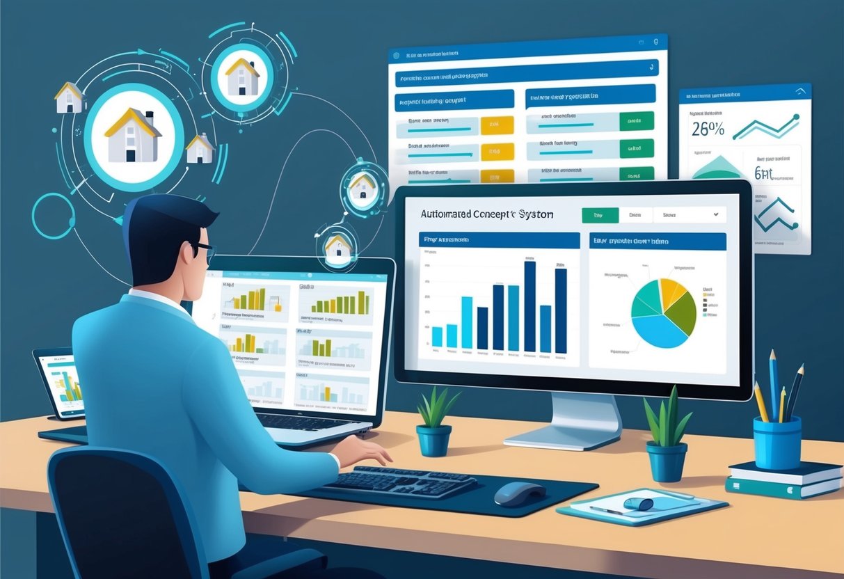 An automated system scans and processes property listings, while a digital dashboard displays real-time data on acquisitions and management tasks