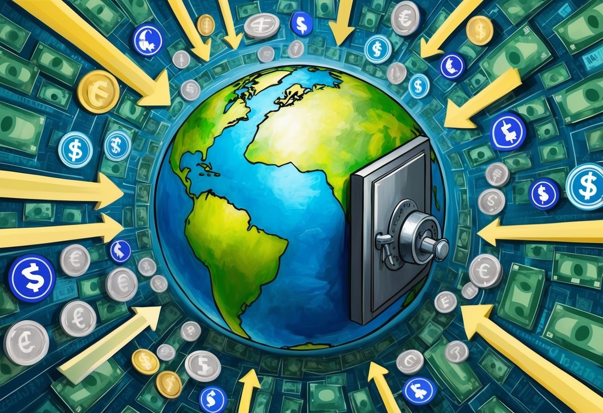 A globe surrounded by various currency symbols, with arrows representing international passive income streams flowing into a bank vault