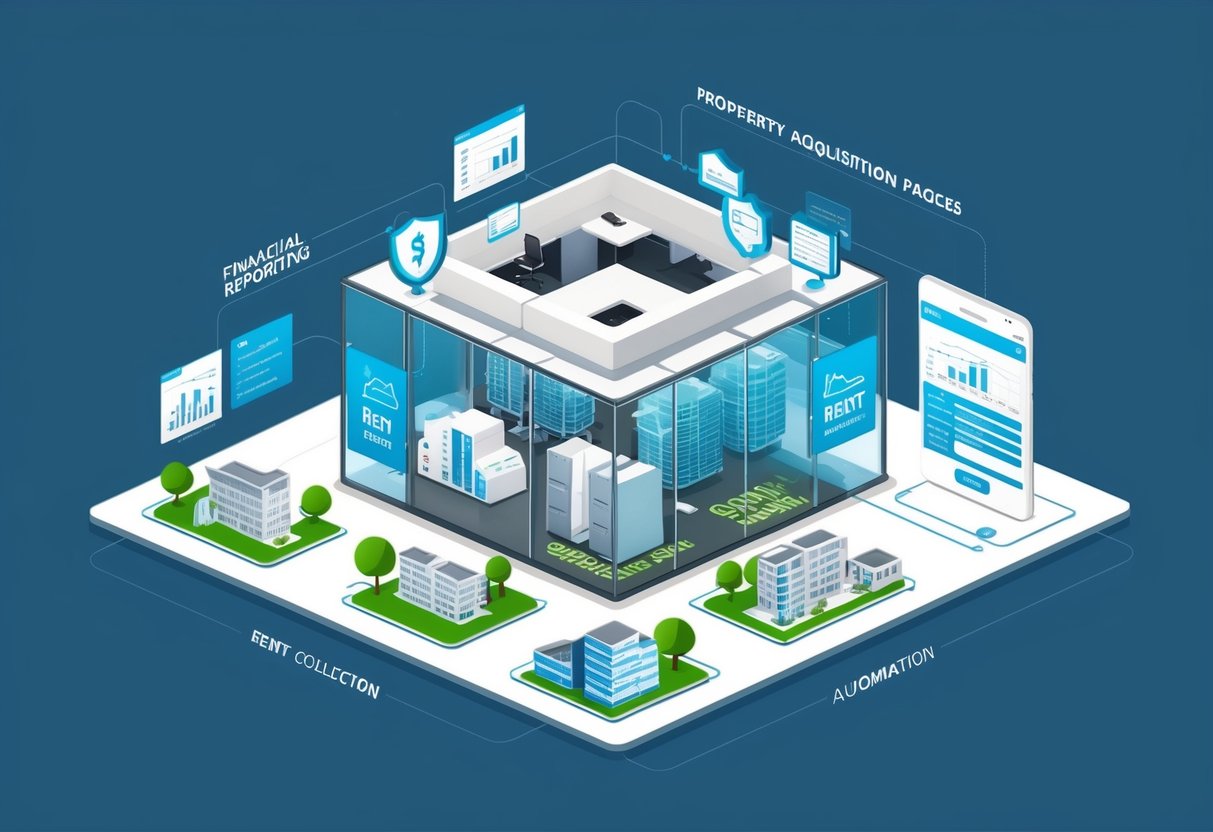A sleek, modern office space with automated rent collection and financial reporting tools. Property acquisition process shown with streamlined, efficient automation