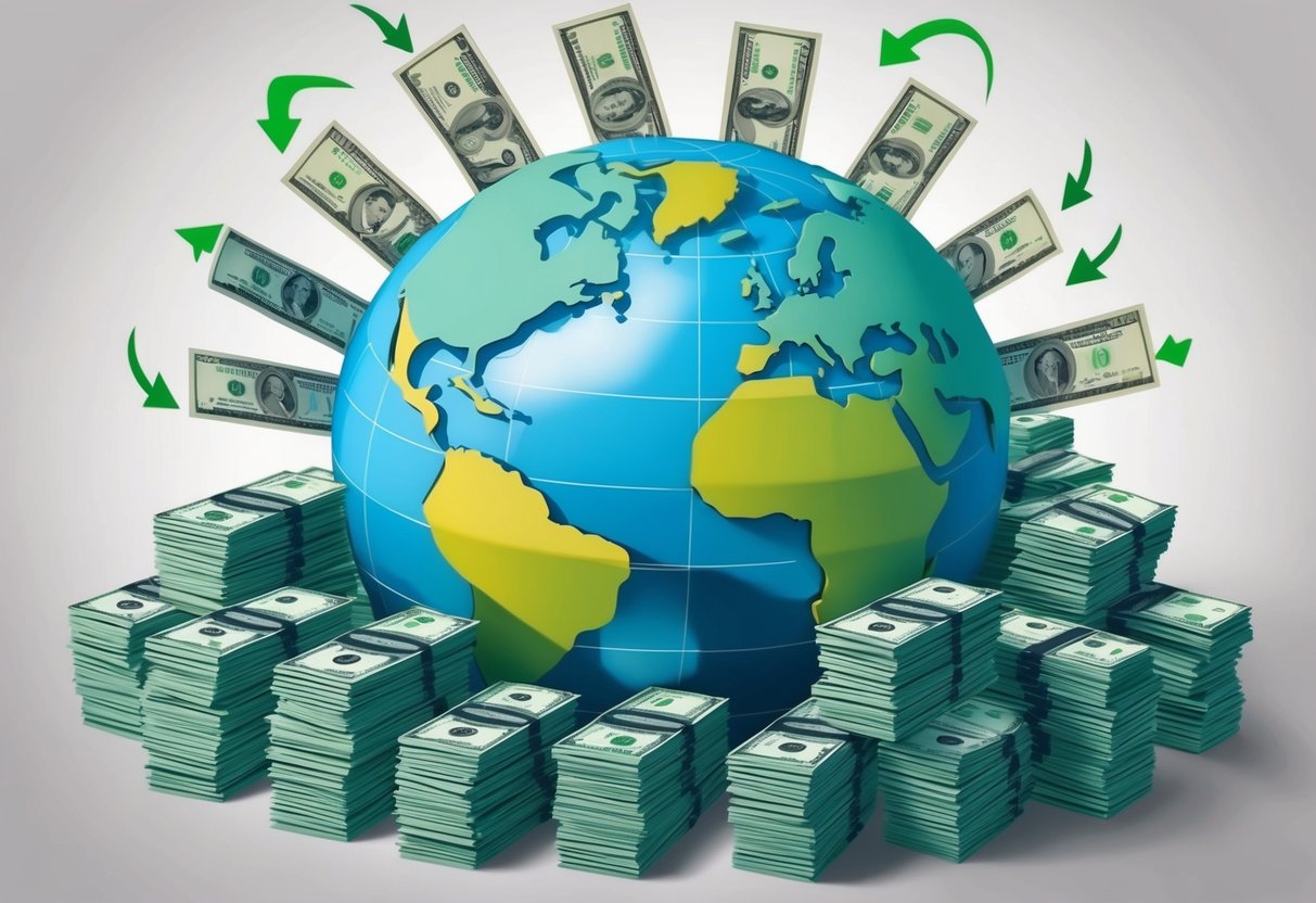 A globe surrounded by stacks of money, with arrows pointing to various countries, representing international passive income