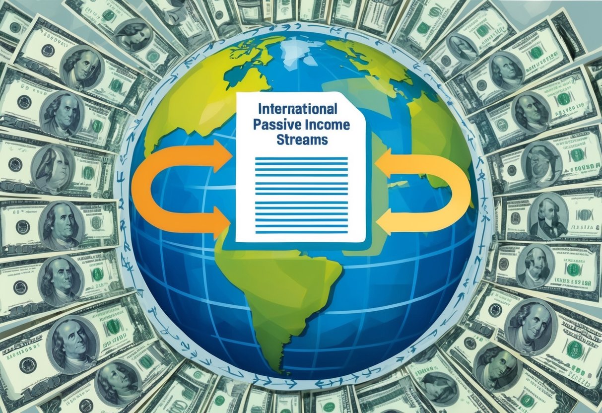 A globe surrounded by various currency symbols, with arrows representing international passive income streams flowing into a tax planning and compliance document