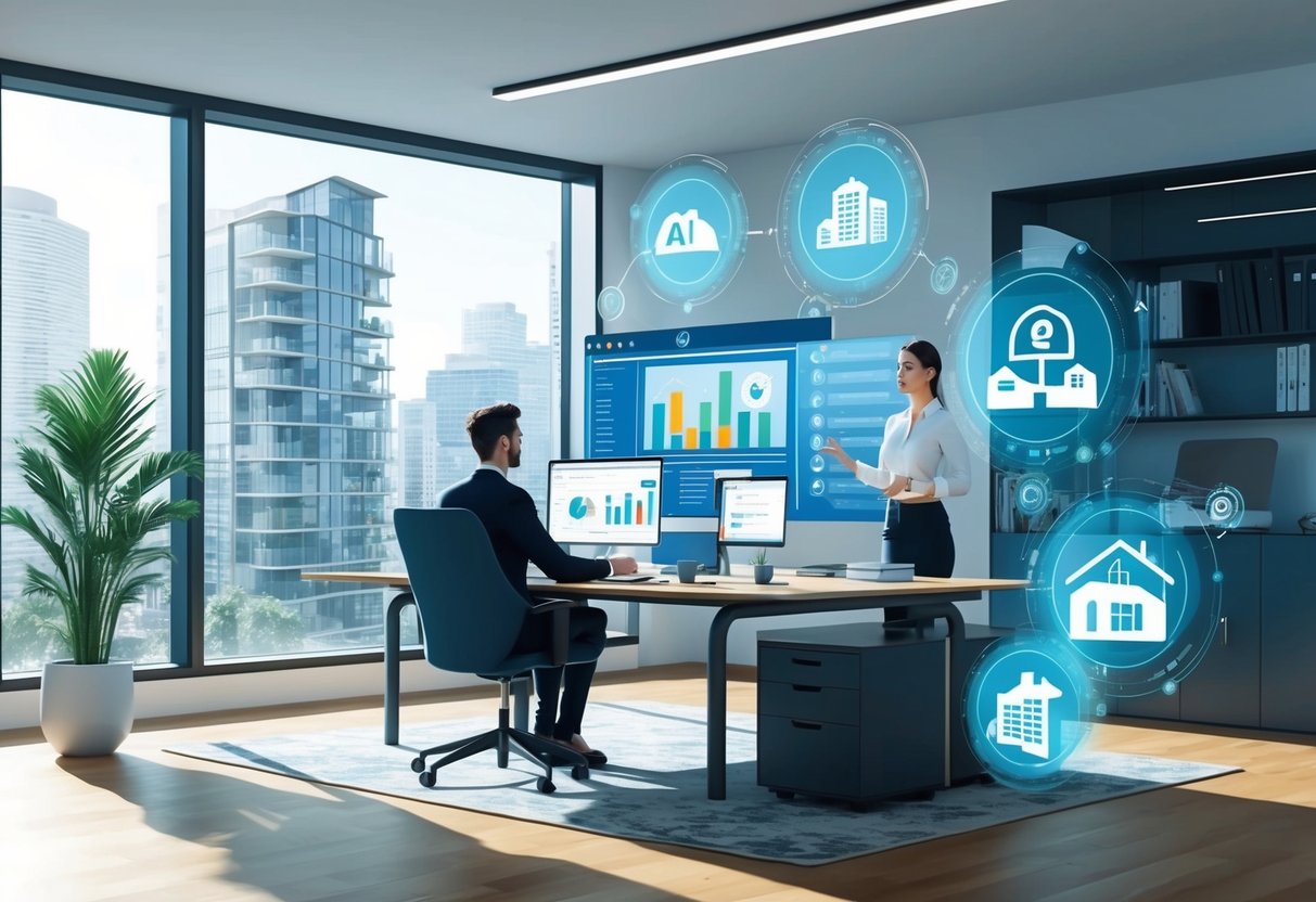 A modern office with AI software analyzing real estate data, while automated tools streamline property transactions