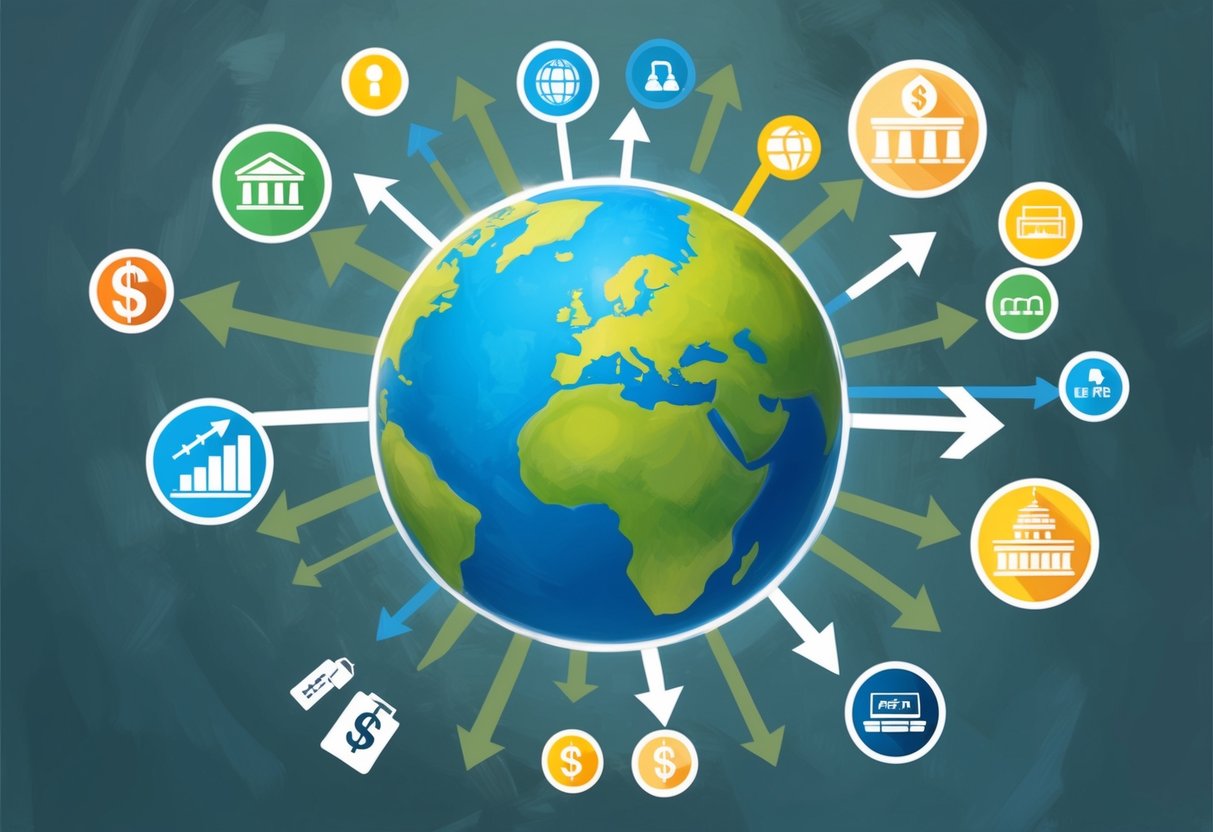 A globe surrounded by various symbols representing different income streams, with arrows pointing towards it