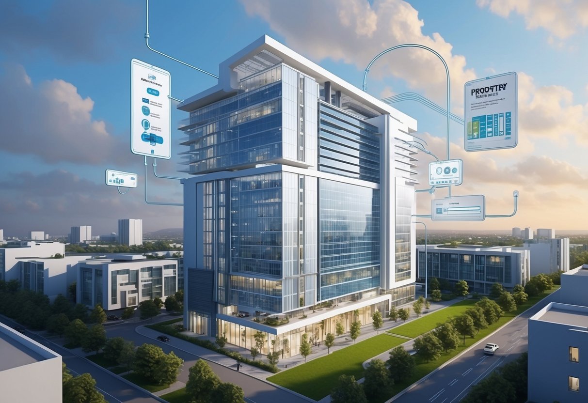 A modern building with automated energy systems and maintenance tools, surrounded by streamlined property acquisition processes