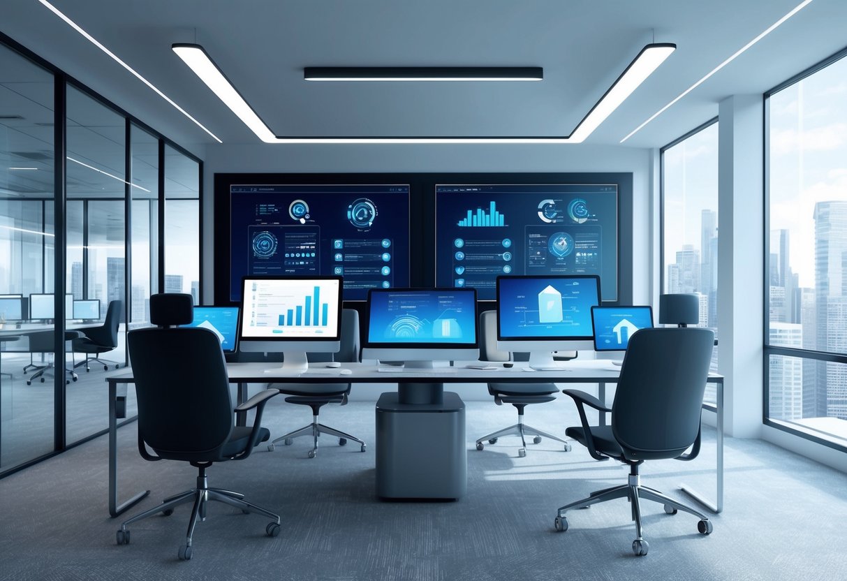 A sleek, modern office with computer screens displaying data analytics and AI algorithms, while automation tools streamline property acquisitions