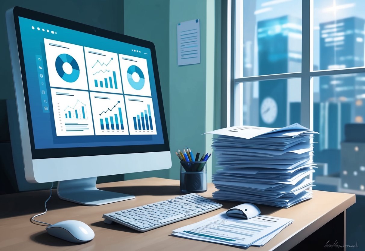 A computer screen displaying a series of financial charts and graphs, with a keyboard and mouse nearby. A stack of tax forms and documents sits on the desk