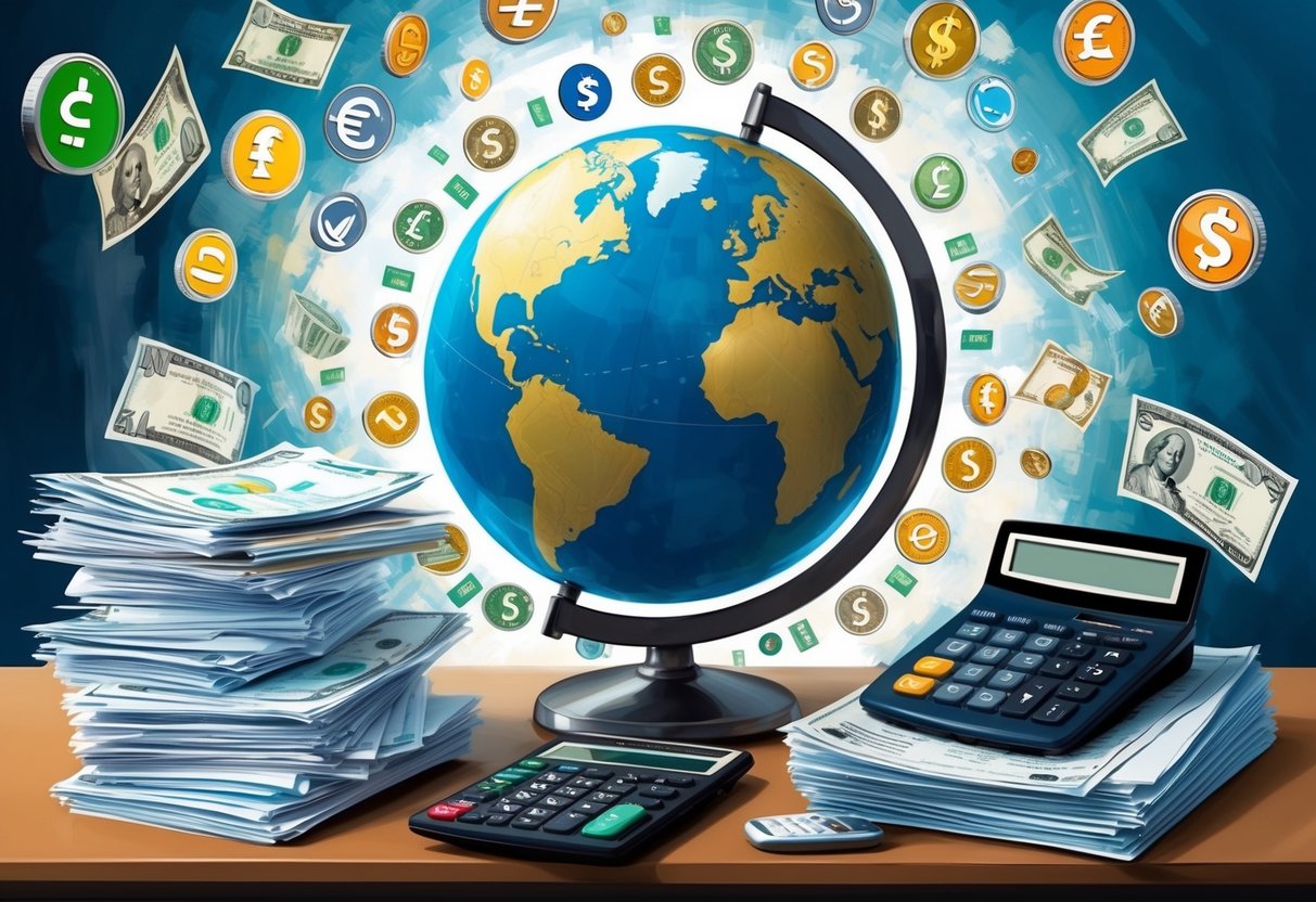 A globe surrounded by various currency symbols, a stack of financial documents, and a calculator on a desk