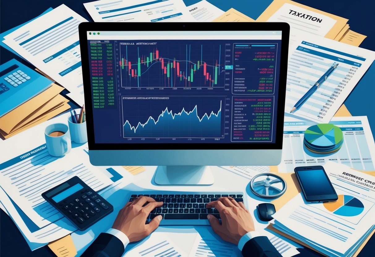 A computer screen displaying stock charts and financial data, surrounded by papers and documents related to taxation and trading