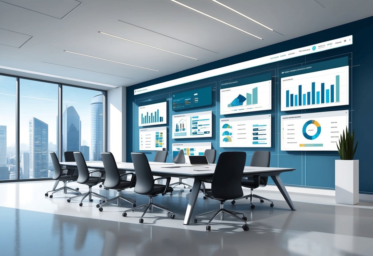 A sleek, modern office with automated software interfaces managing property acquisitions and compliance processes