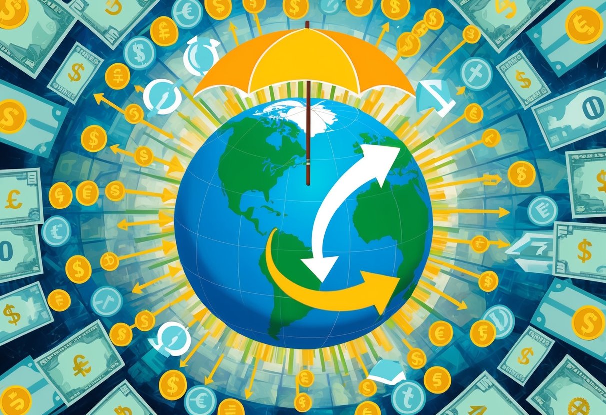 A globe surrounded by various currency symbols, with arrows representing international passive income flowing into a tax relief umbrella