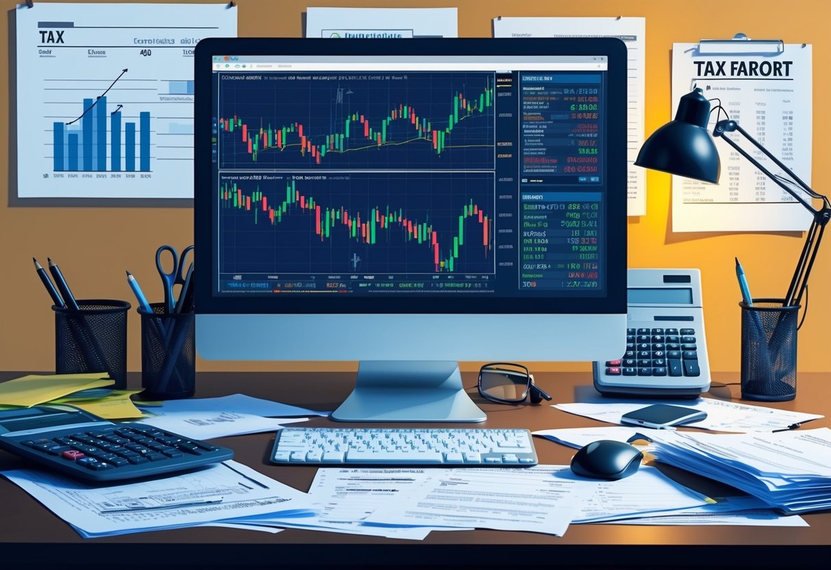 A cluttered desk with a computer screen displaying trading charts, a calculator, and tax forms scattered around