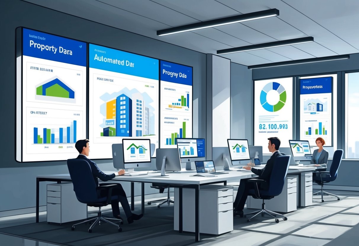 A modern office with digital screens displaying property data, while automated tools streamline real estate acquisitions