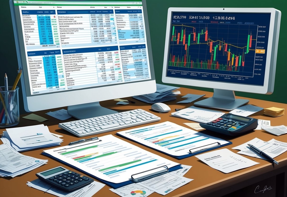 A cluttered desk with spreadsheets, financial documents, and a computer screen displaying stock market data. A calculator and pen sit nearby, surrounded by papers and receipts