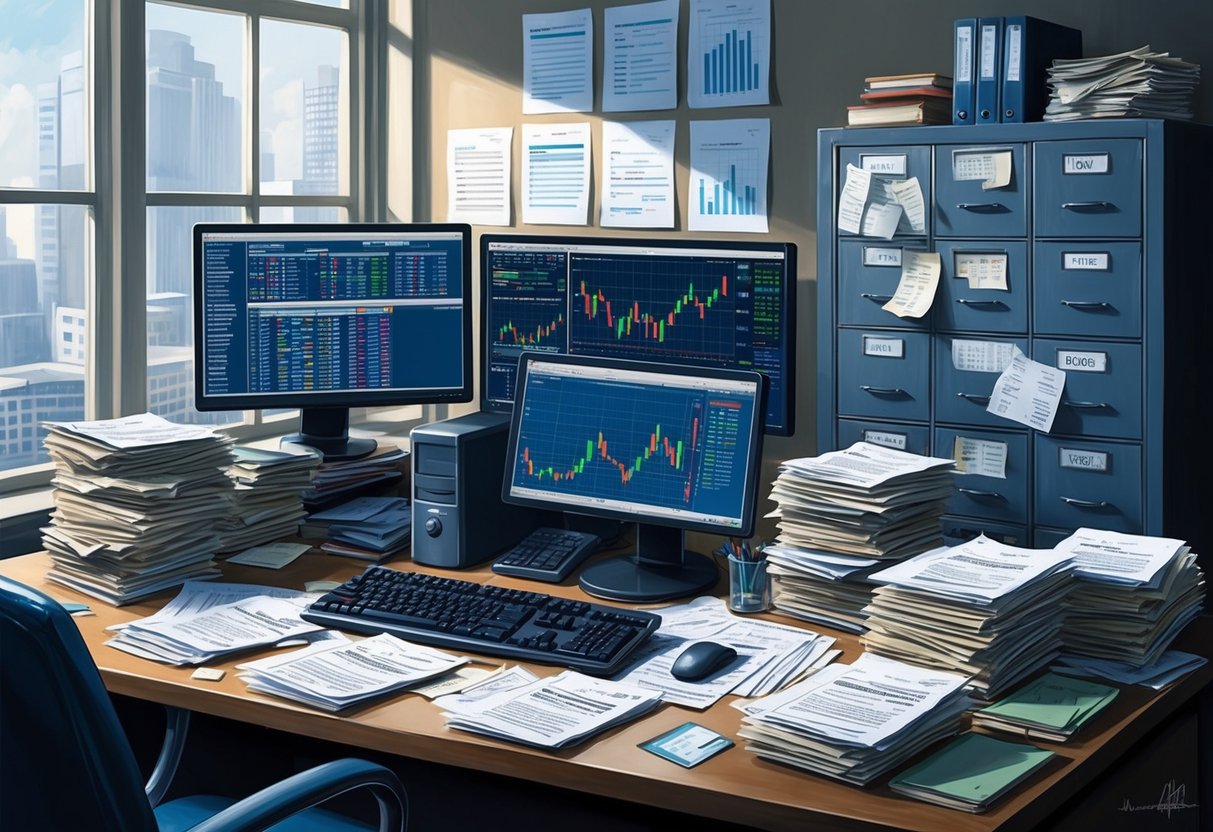 A cluttered desk with stacks of tax forms, computer screens displaying trading data, and a filing cabinet filled with financial records
