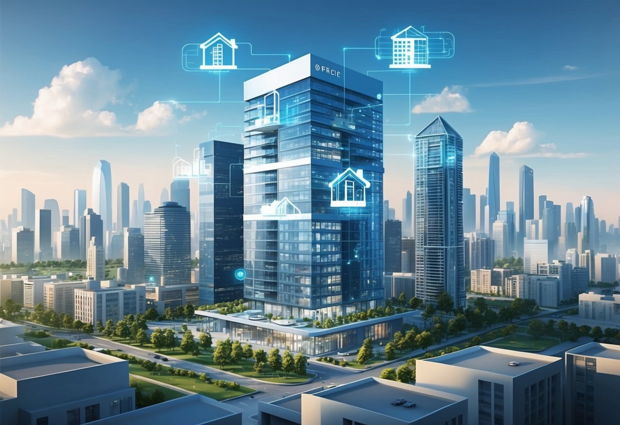 A modern office with automated software managing property acquisitions, surrounded by city skyline and real estate properties