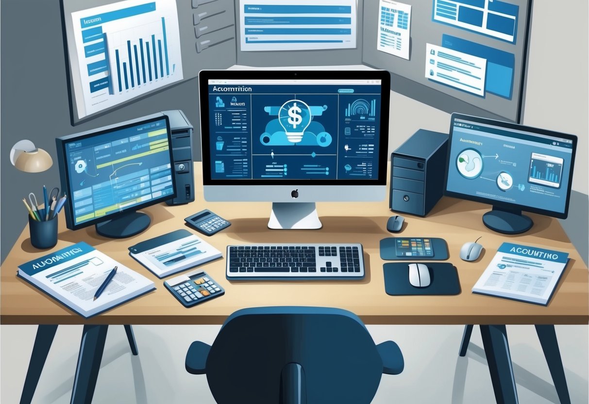 A modern office desk with a computer, keyboard, and mouse surrounded by automation tools and software for accounting and data entry
