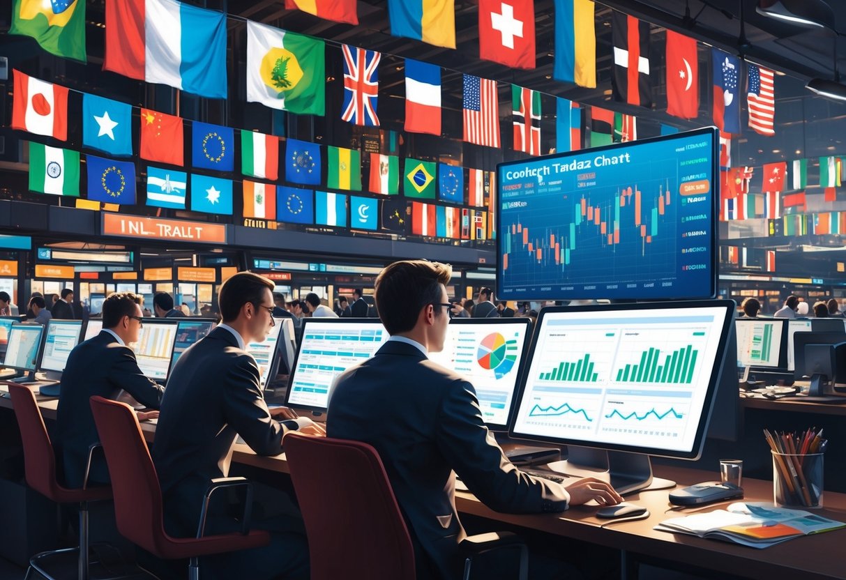 A busy marketplace with international flags and a computer screen showing trading charts