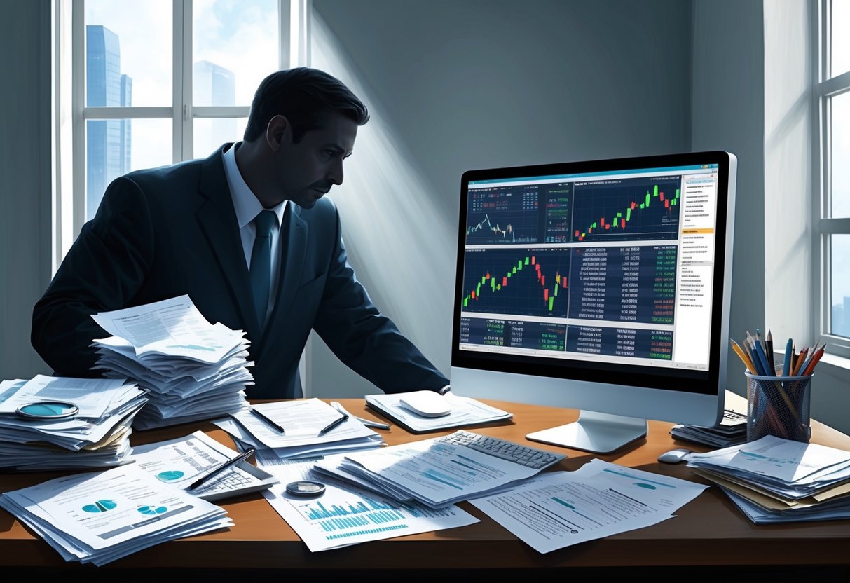 A desk cluttered with financial documents, a computer screen displaying trading data, and a looming shadow symbolizing the stress of tax audits and legal issues