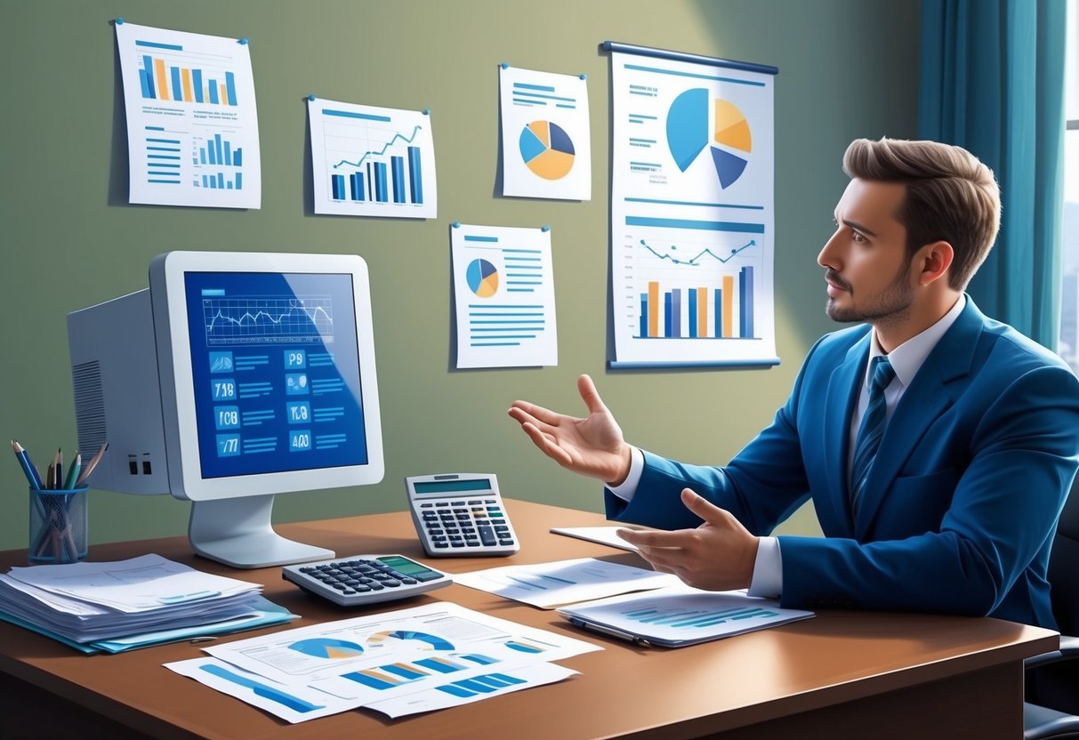 A desk with a computer, financial documents, and a calculator. Charts and graphs on the wall. A professional advisor discussing tax implications with a client