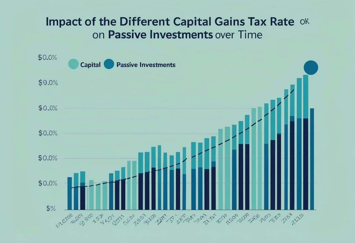 A graph showing the impact of different capital gains tax rates on passive investments over time