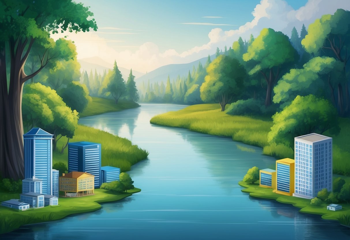 A serene landscape with a calm river flowing through a lush forest, surrounded by various passive investment assets such as stocks, real estate, and bonds
