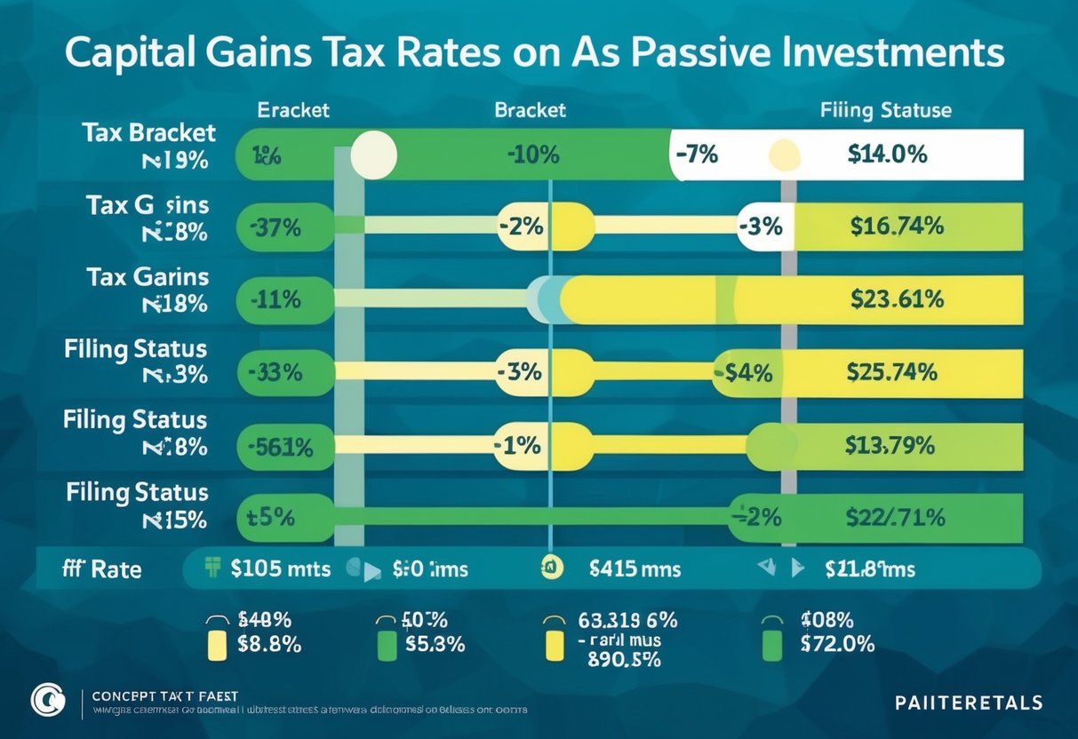 A chart displaying different tax brackets and filing statuses, with a focus on the impact of capital gains tax rates on passive investments