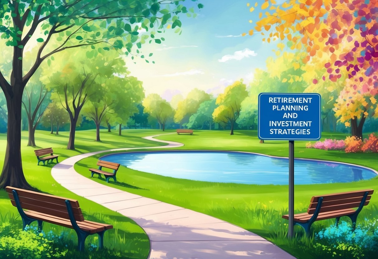 A serene park with a winding path, benches, and a pond surrounded by trees and colorful foliage, with a signpost indicating "Retirement Planning and Investment Strategies."
