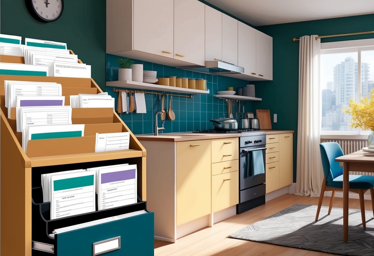 A cozy rental property with modern furnishings and a well-equipped kitchen. Receipts and documents organized in a file cabinet for tax deductions